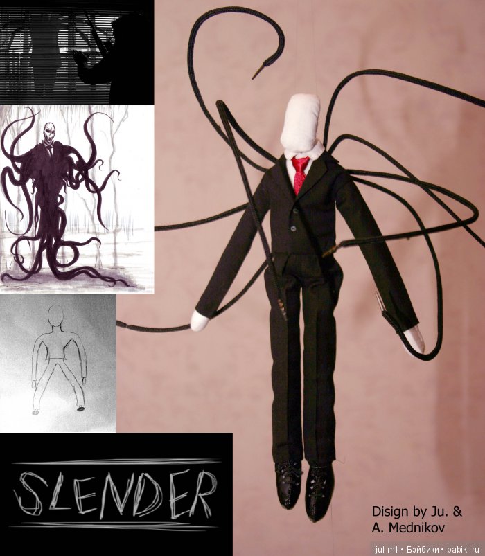 Интернет-мем Slender (Тонкий человек ) приобрёл широкую известность, породив ряд рассказов, образцов фан-арта и косплея и став персонажем компьютерных и мобильных игр. Кукла Slender Автор Медникова Юлия С.-Петербург, 2014 г. Высота ок. 30 см Единственный экземпляр Синтетические материалы, без подставки Интернет-мем Slender (Тонкий человек ) приобрёл широкую известность, породив ряд рассказов, образцов фан-арта и косплея и став персонажем компьютерных и мобильных игр. Кукла Slender Автор Медникова Юлия С.-Петербург, 2014 г. Высота ок. 30 см Единственный экземпляр Синтетические материалы, без подставки