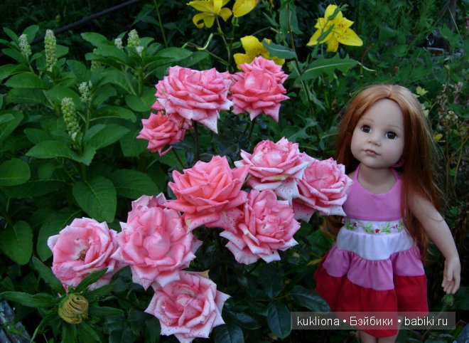 Стефания в цветочном саду. Кукла Ханна на прогулке 2012 Gotz Hanna and her dog