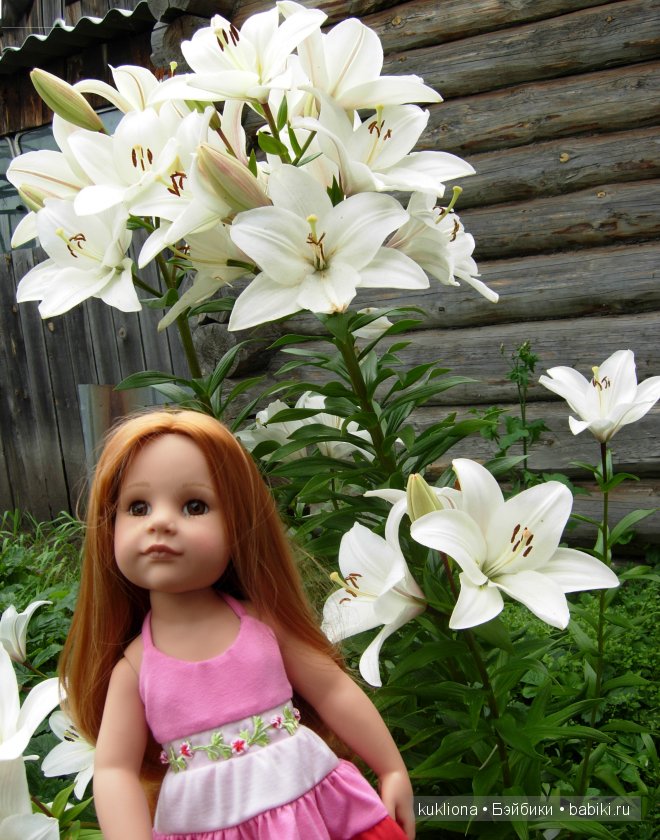 Стефания в цветочном саду. Кукла Ханна на прогулке 2012 Gotz Hanna and her dog