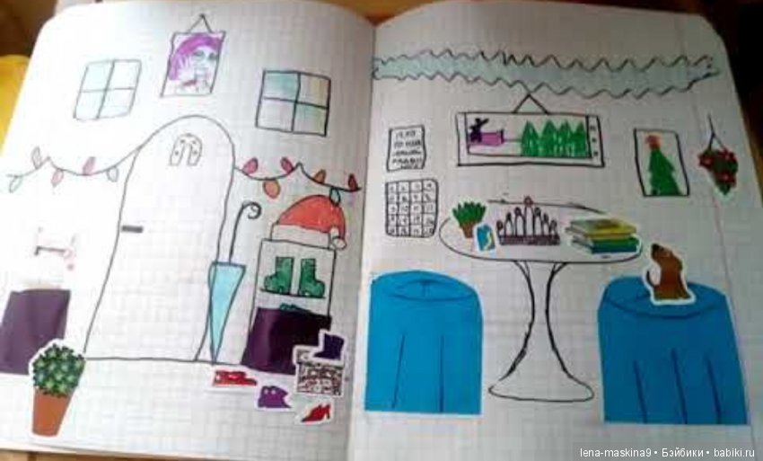 Фиолетовый кукольный домик-книжка и одна кукла