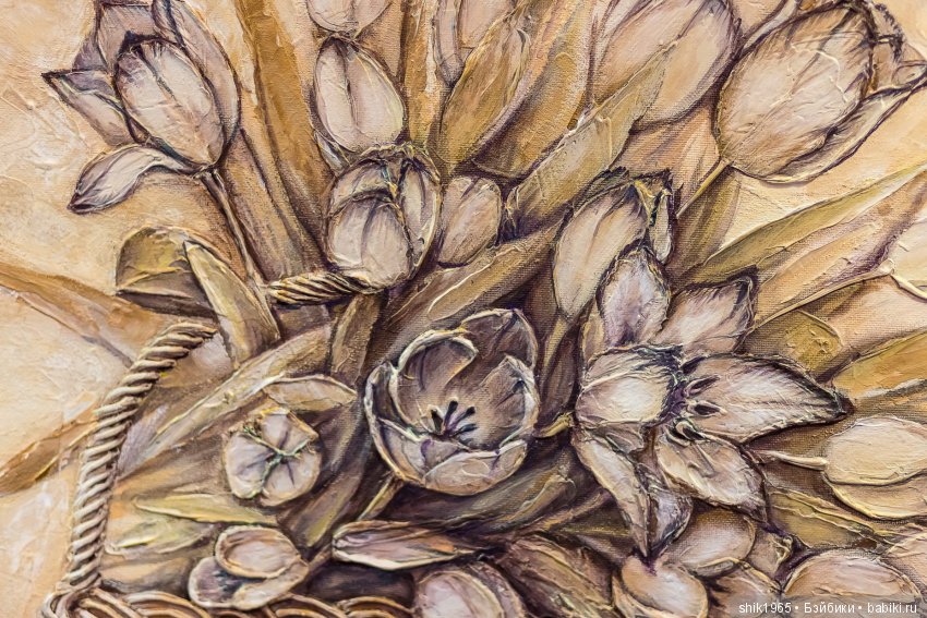 Фрагмент картины "Корзина с тюльпанами". Фактурная картина. Холст. Акрил.