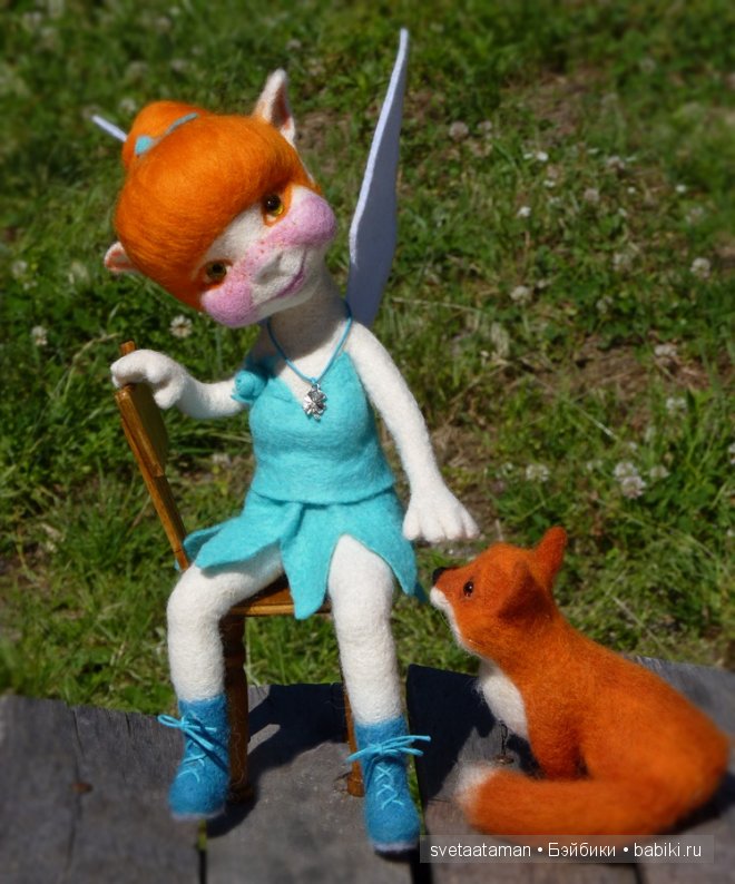 Эльфиечка и лисёнок, валянная кукла из шерсти