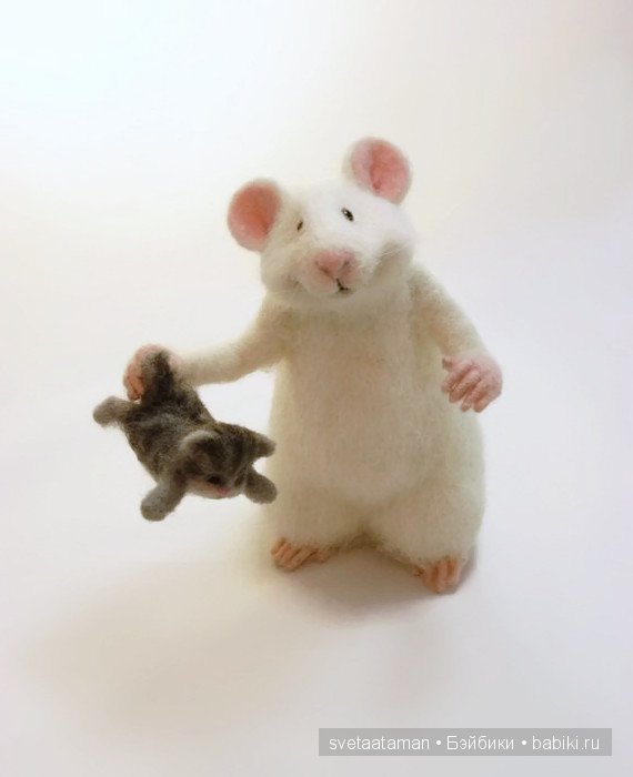 Мышка с котёнком и лисёночек. Игрушки валянием из шерсти (фото 5)