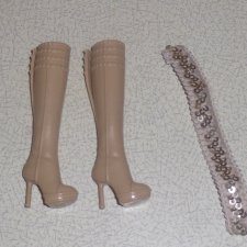 Бежевые сапоги Mattel для Барби с узкими каблучными ножками + пояс Handmade с пайетками