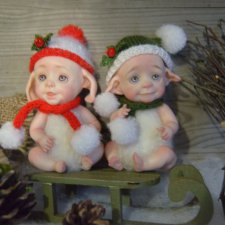 Четыре зимних пиксика и снеговичок. Авторские куклы Катрушовой Татьяны