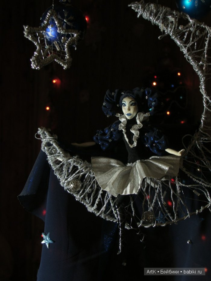 Принцесса ночи. Интерьерная кукла ручной работы на проволочном каркасе. Лицо, кисти рук -"воздушный пластилин"