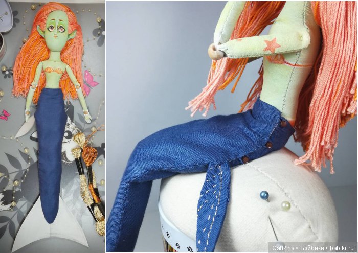 Неформальная Русалка и её рыбий хвост на пуговках. Текстильная авторская шарнирная кукла (фото 7)