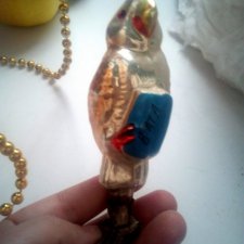 Попугай с ватой - старинная винтажная игрушка прищепка из стекла СССР