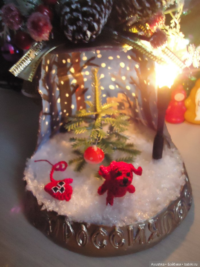 Новогодняя кукольная миниатюра - ночник по мотивам мультфильма СССР "Варежка" (фото 4)