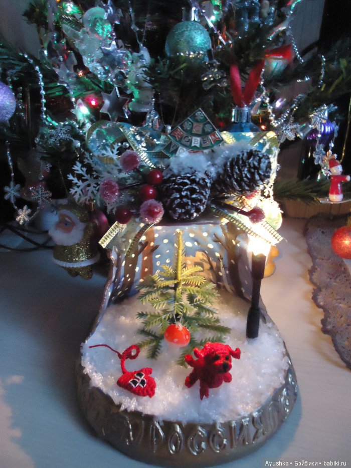 Новогодняя кукольная миниатюра - ночник по мотивам мультфильма СССР "Варежка" (фото 3)