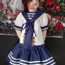 Сатиновое платье в морском стиле на антикварных кукол и реплик ростом 45см