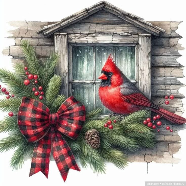 Рождество, красный Кардинал и малышка Петси
