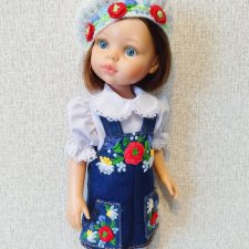 Новый наряд для паолочек: джинсовый сарафанчик, вязаный беретик с вышивкой маки.