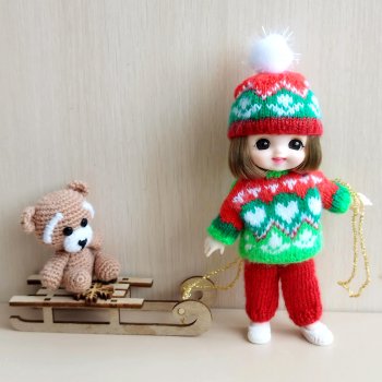 Наряд с новогодним жаккардом для куклы баболи 16 см