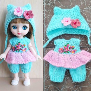 Платье - комбинезон и шапочка с ушками для баболишки 15 см