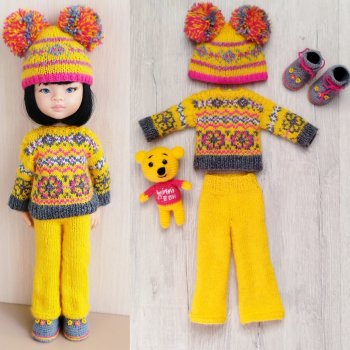 Яркий вязаный костюм для куклы паола рейна