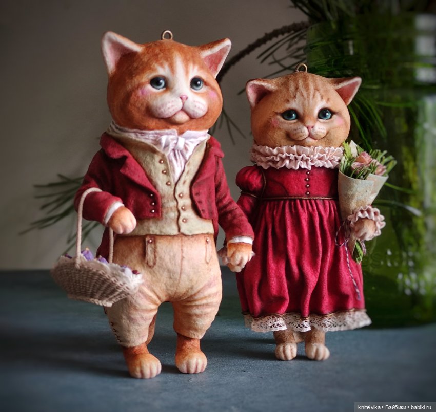 Кот и кошка, елочные игрушки, игрушки из ваты, новогодний подарок, книтель виктория,