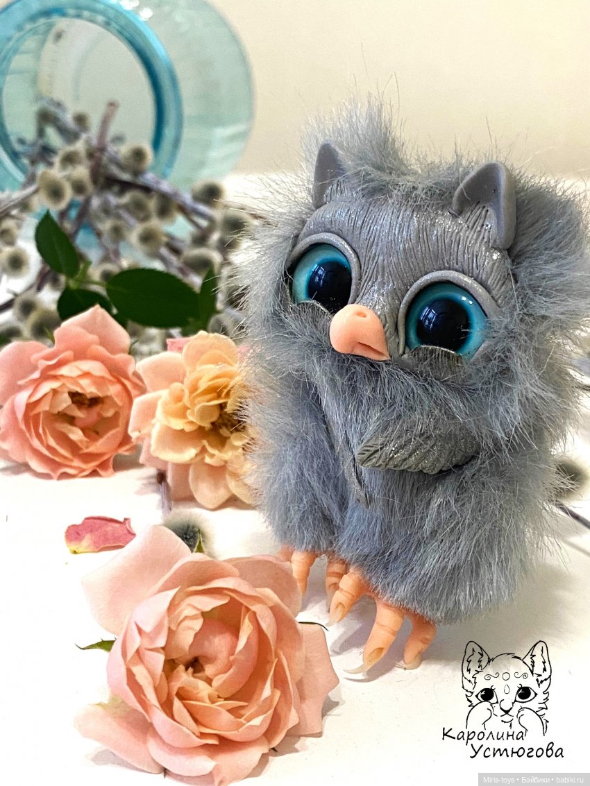 Совёнок Аквамаринчик — Игрушки в смешанной технике (мех и глина): Арт