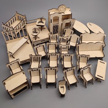 Набор мебели для маленьких кукол (из фанеры), 40 предметов