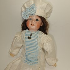 Платье лён  в морском стиле на антикварную или винтажную куклу 28-30 см