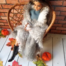 Плед одеяло покрывало Пинк Барби бело серый пыльная роза для кукол в румбокс кукольный дом