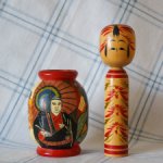 Винтажная деревянная кукла Кокэси и вазочка 4 сюжета (Япония)