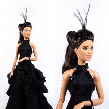 Аксессуары для кукол 1:6: черная шляпка с перьями и сумочка