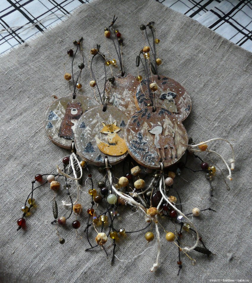 Ёлочные игрушки из дерева, из спилов - Набор "Лесные жители"