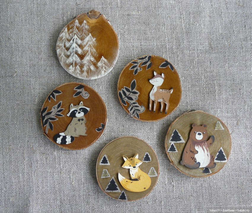 Ёлочные игрушки из дерева, из спилов - Набор "Лесные жители"