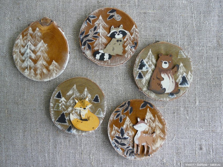 Ёлочные игрушки из дерева, из спилов - Набор "Лесные жители"