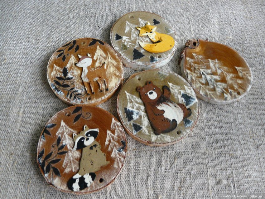 Ёлочные игрушки из дерева, из спилов - Набор "Лесные жители"