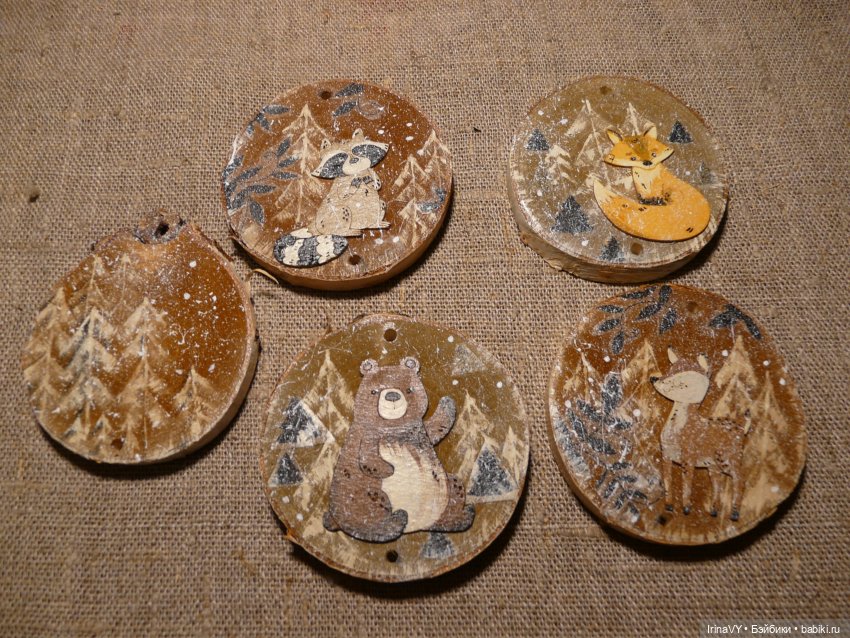 Ёлочные игрушки из дерева, из спилов - Набор "Лесные жители"