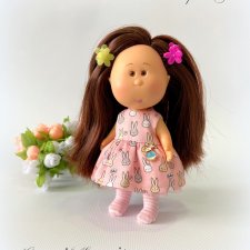 Комплект "Зайчики" из хлопкового платья и колготок на кроху Миечку (14 см)