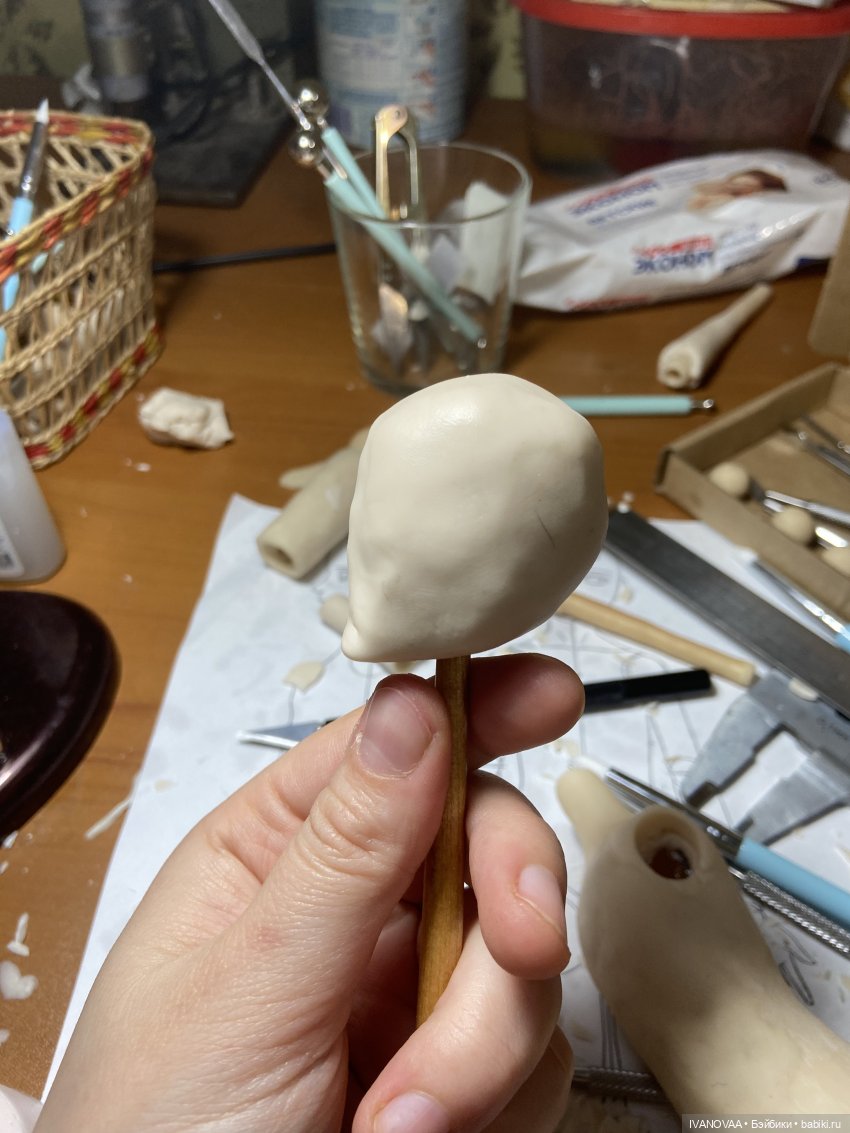 Создание шарнирной куклы. День 16 - Подпекаем тело, лепим дурацкую голову