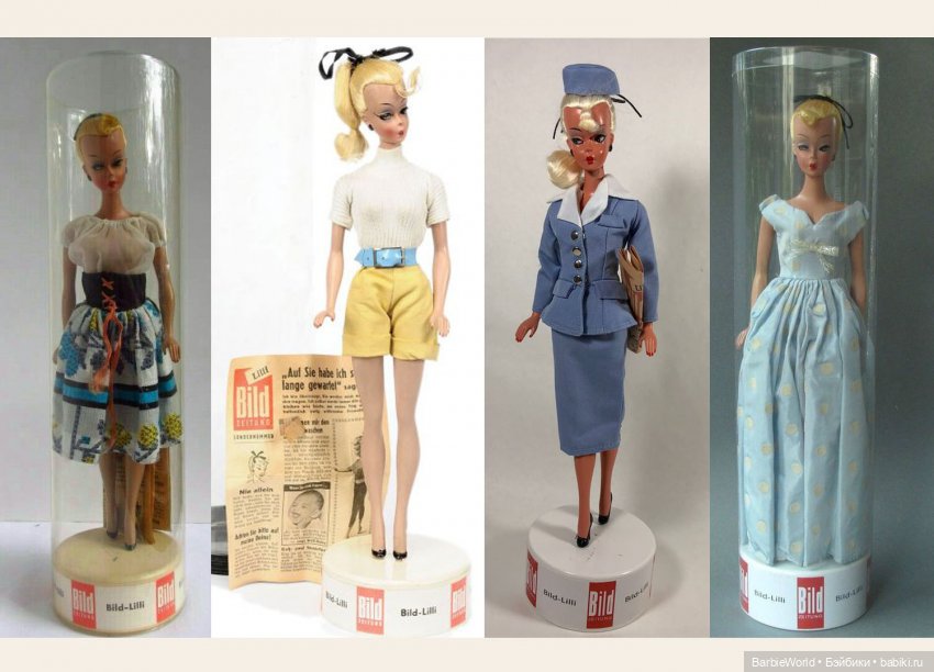 Лилли была представлена в прозрачном пластиковом тубусе с подставкой и крышкой. На подставке был закреплен металлический штырь, который вставлялся в отверстие на ножке куклы. Под мышкой большинства кукол прилагался мини-журнал "Бильд"