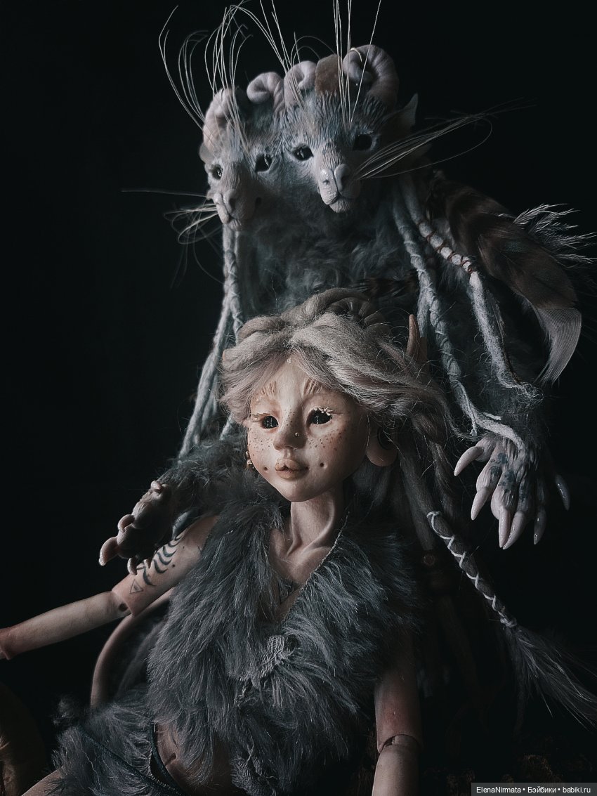 Шаманка с Двуликим Зверем, рост 33 см у девочки,  43 см у Двуликого - авторские куклы и игрушки Елены Нирмата