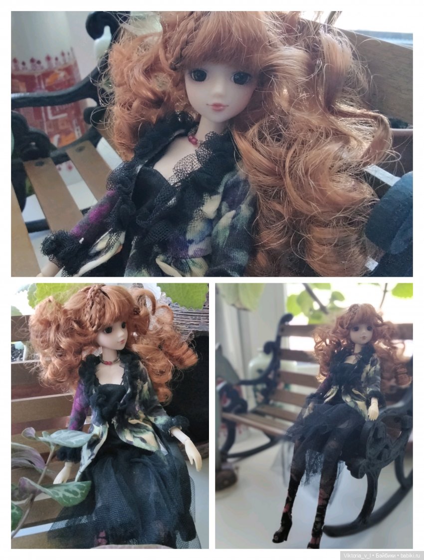 Куколка по обмену. В стильном аутфите мастерицы Веры, прежней владелицы, на чугунной лавочке в новом доме