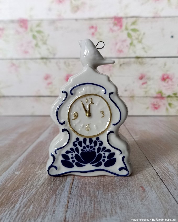 Часы с птичкой, гжель — Миниатюра для кукол
