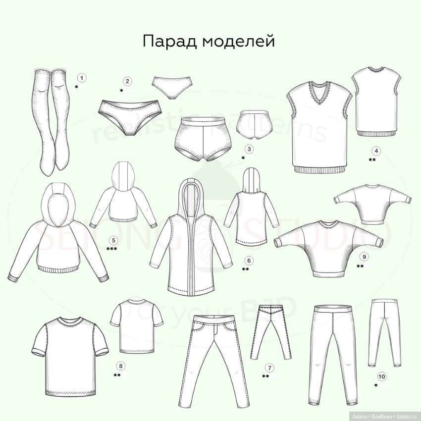 Набор выкроек и фото МК по пошиву одежды из трикотажа для БЖД кукол Soom Supergem (девушки) (фото 2)