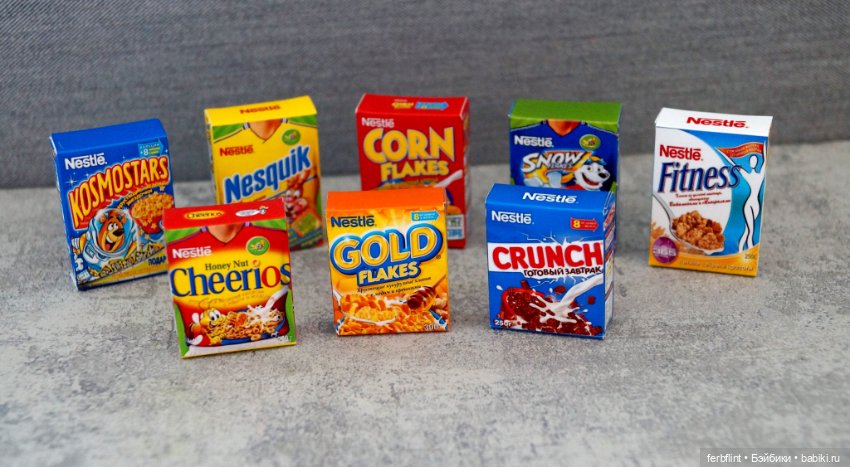 Миниатюрные коробочки готовых завтраков в масштабе 1:6