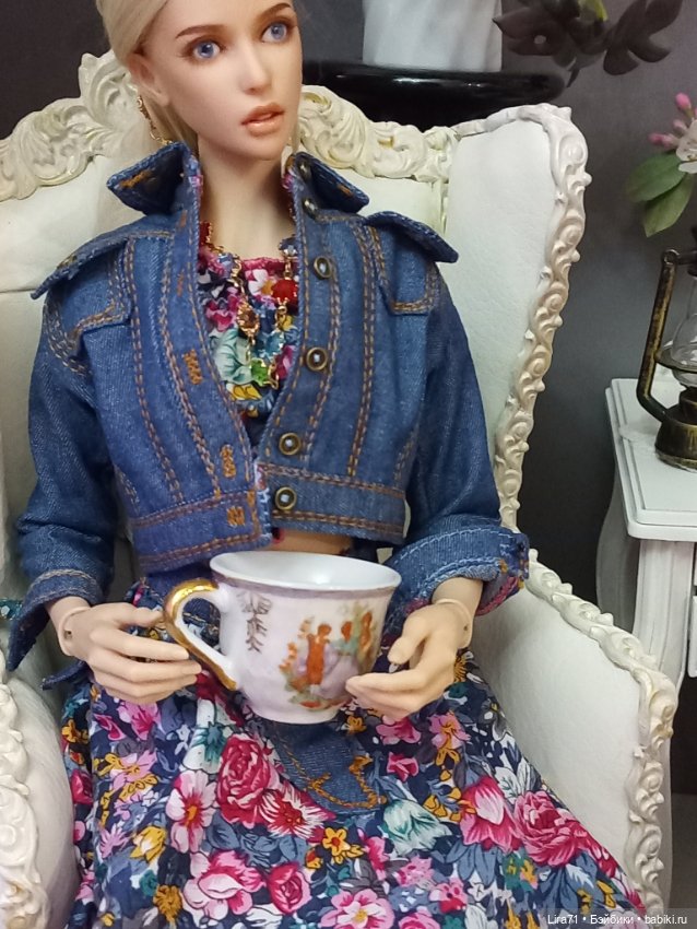 Чайная пара для кукол из фарфора, позолота, деколь