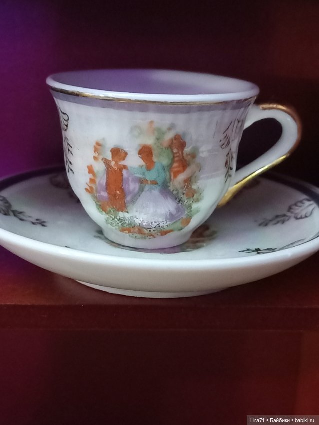 Чайная пара для кукол из фарфора, позолота, деколь