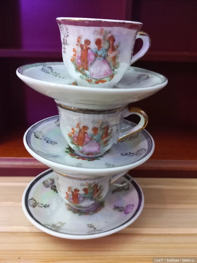 Чайная пара для кукол из фарфора, позолота, деколь (фото 4)