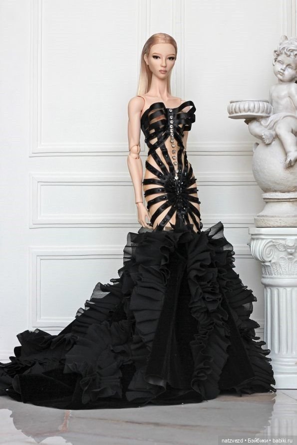 NIGEL CHIA Black Stripe Mermaid Gown (чёрное дизайнерское платье силуэта "русалка") OOAK (фото 6)