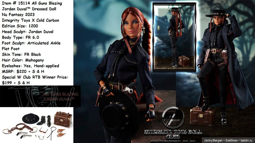 All Guns Blazing Jordan Duval™ Dressed Doll Integrity Toys X Cold Carbon  Edition Size: 1200 Expected Ship Date: Mid-To-Late Head Sculpt: Jordan Duval  Body Type: FR 6.0 Foot Sculpt: Articulated Ankle Flat
