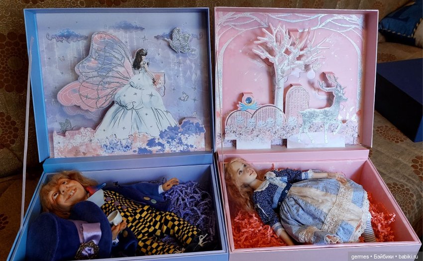 Комплект из коробки и пакета с объемным рисунком для кукол и мишек