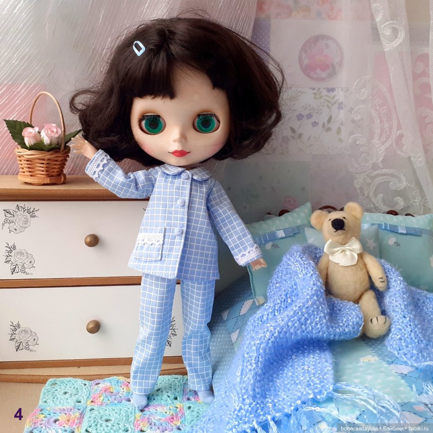Пижама для куклы Блайз Blythe / Курточка и брюки из хлопка / Домашняя одежда (фото 5)