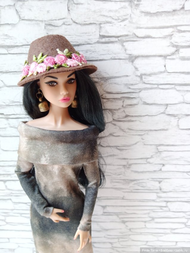 Шляпка фетровая на кукол 1/6 коричневая цветочный декор поппи ИТ барби (фото 5)