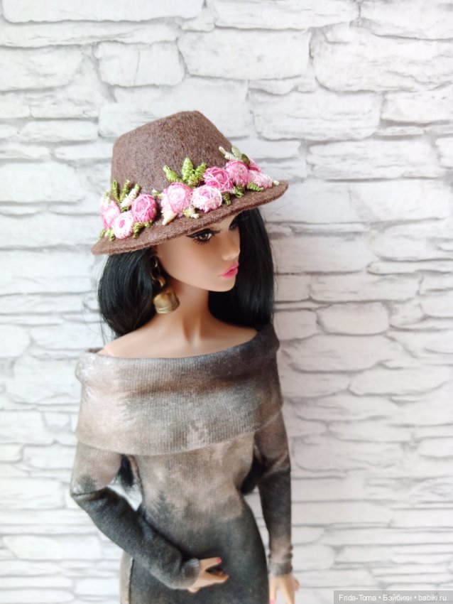 Шляпка фетровая на кукол 1/6 коричневая цветочный декор поппи ИТ барби (фото 3)