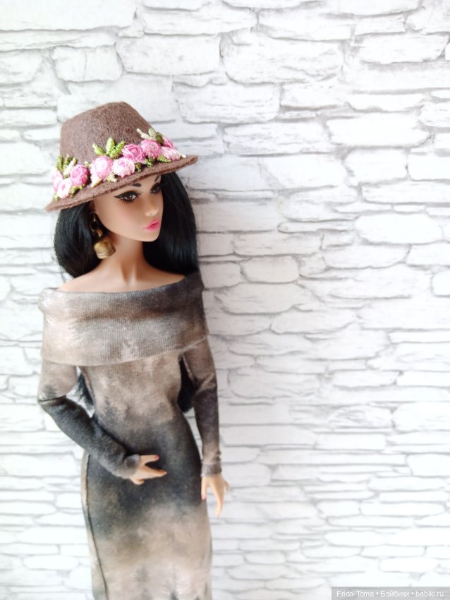 Шляпка фетровая на кукол 1/6 коричневая цветочный декор поппи ИТ барби (фото 4)